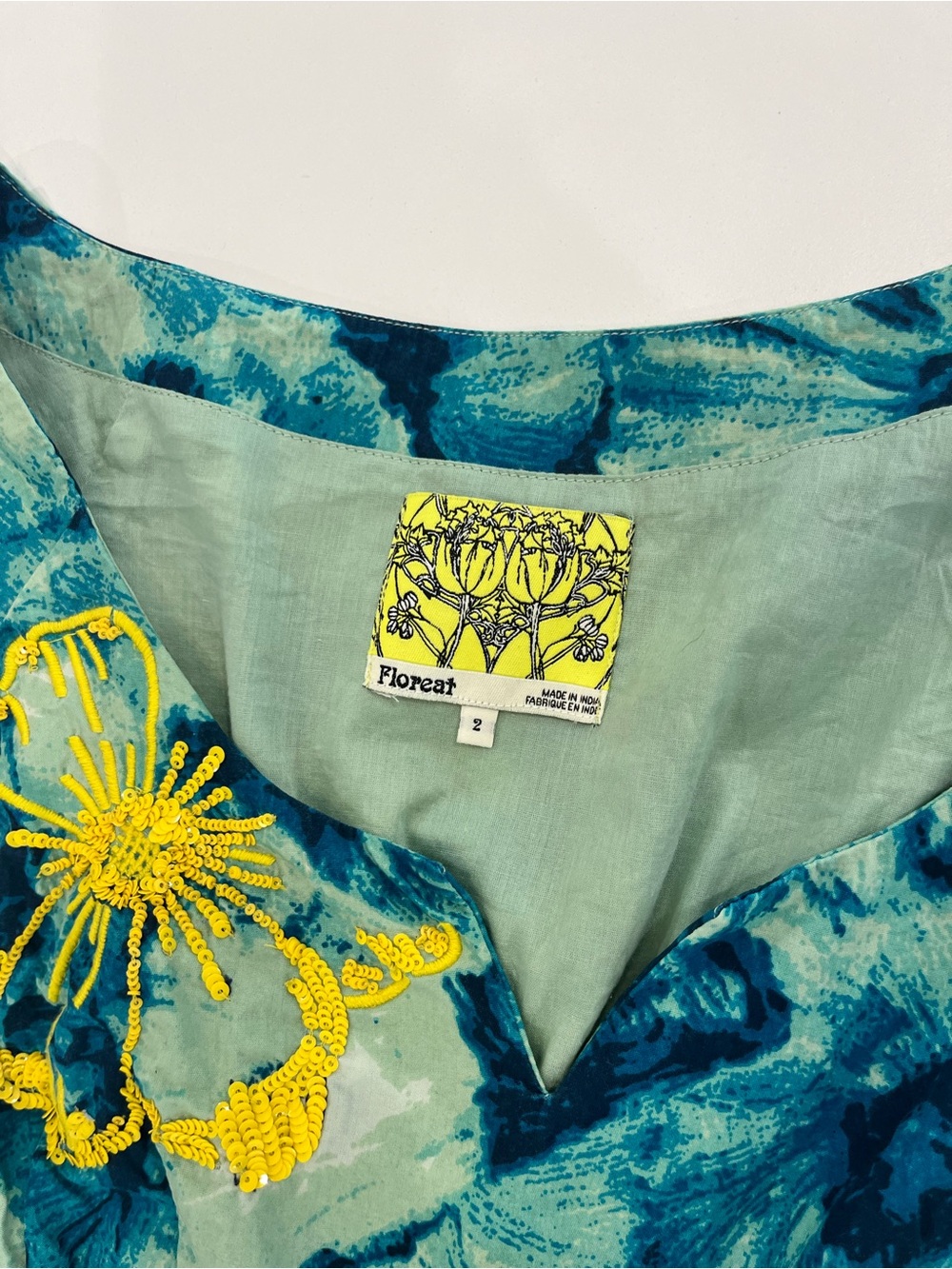 ANTHROPOLOGIE Floreat Floral Sleeveless Dress in Blue with Yellow Embroidery - Picture 8 of 11